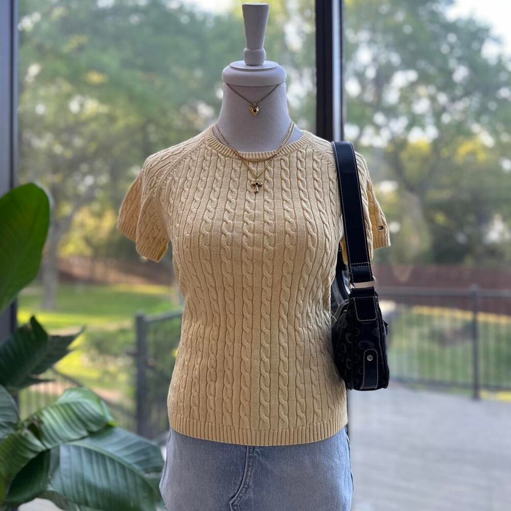 Y2K Tommy Hilfiger Yellow Cable Knit Short Sleeve Top